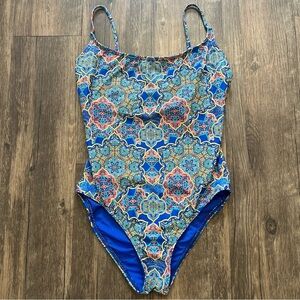 Swim Systems Blue Pattern One Pc Swimsuit Lined Bra Bathing Suit Pool Stretch M